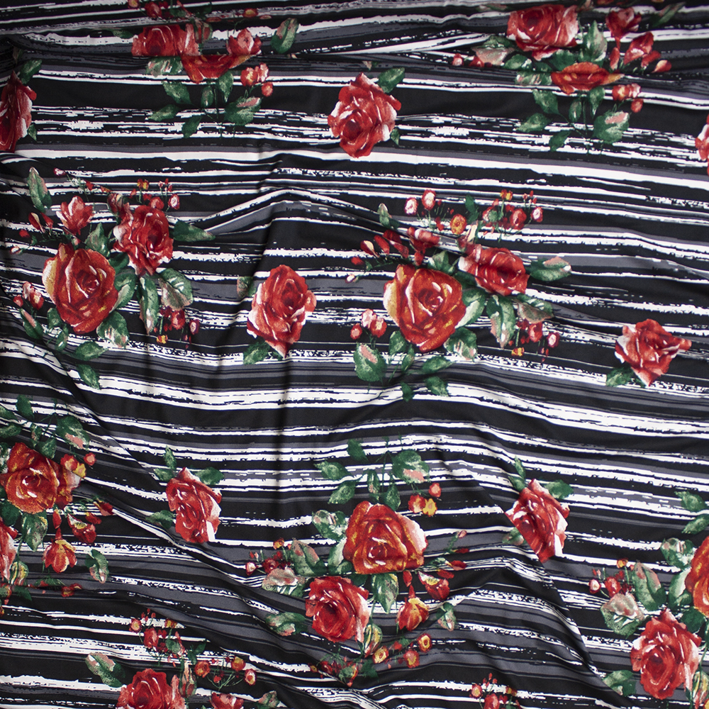 Red and Green Rose Floral on Grey, Black, and White Grunge Stripes Double Brushed Poly Spandex Knit Fabric By The Yard - Wide shot