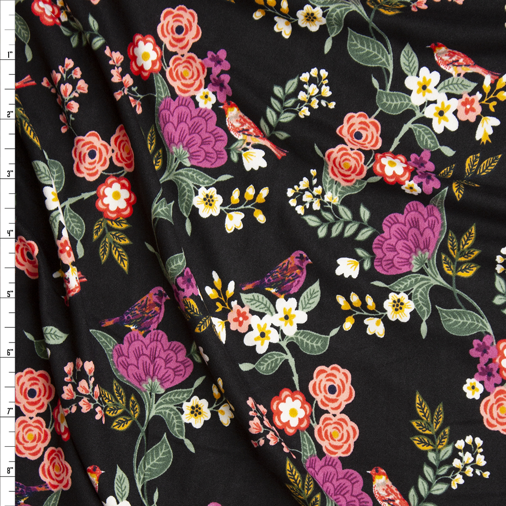 Colorful Scrolling Floral with Birds on Black Double Brushed Poly Spandex Knit Fabric By The Yard