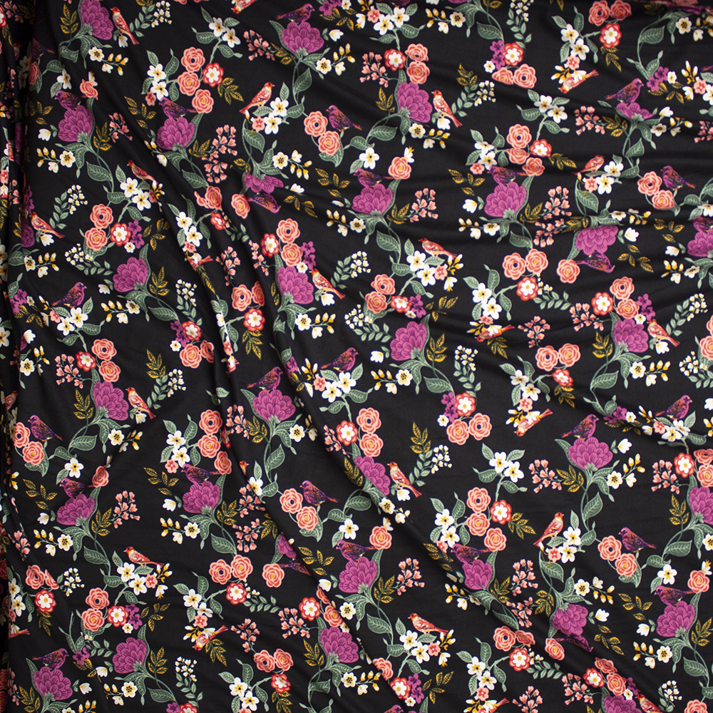 Colorful Scrolling Floral with Birds on Black Double Brushed Poly Spandex Knit Fabric By The Yard - Wide shot