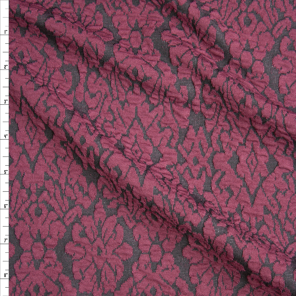 Textured Black and Wine Damask Textured Double Knit Fabric By The Yard