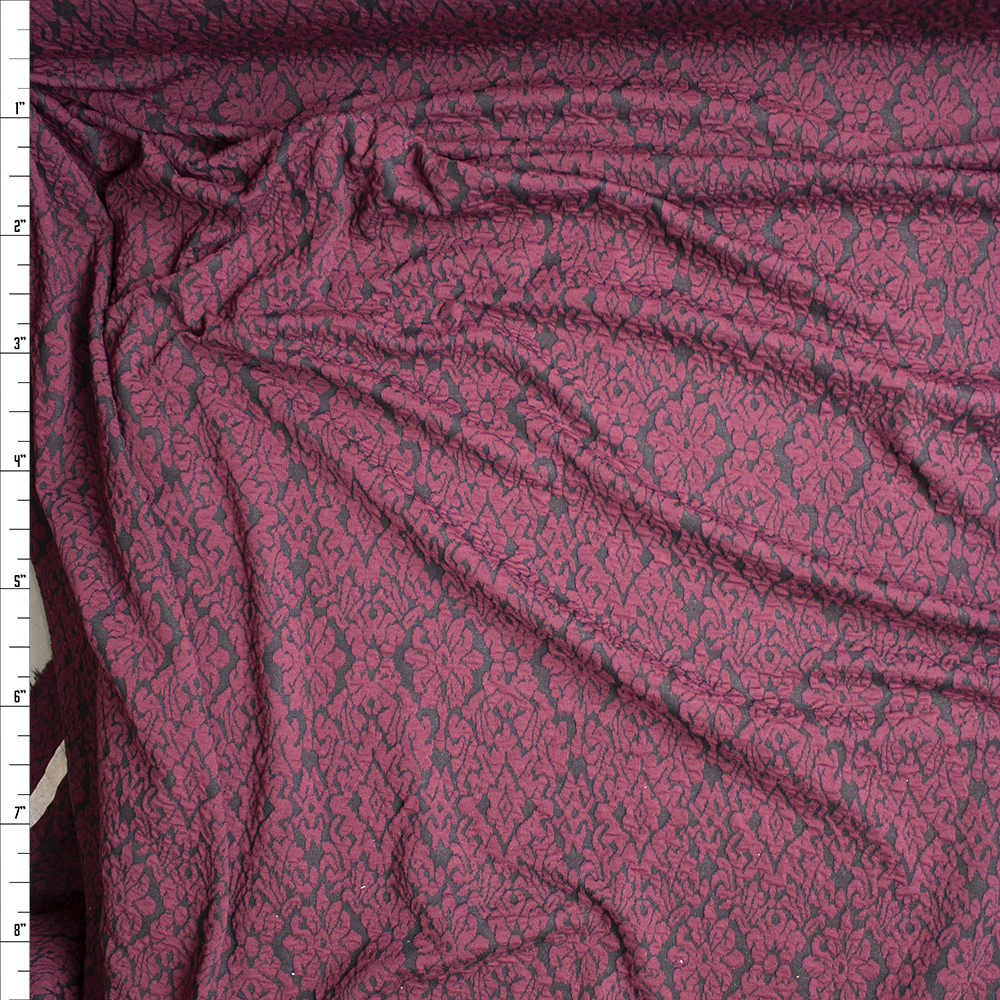 Textured Black and Wine Damask Textured Double Knit Fabric By The Yard - Wide shot