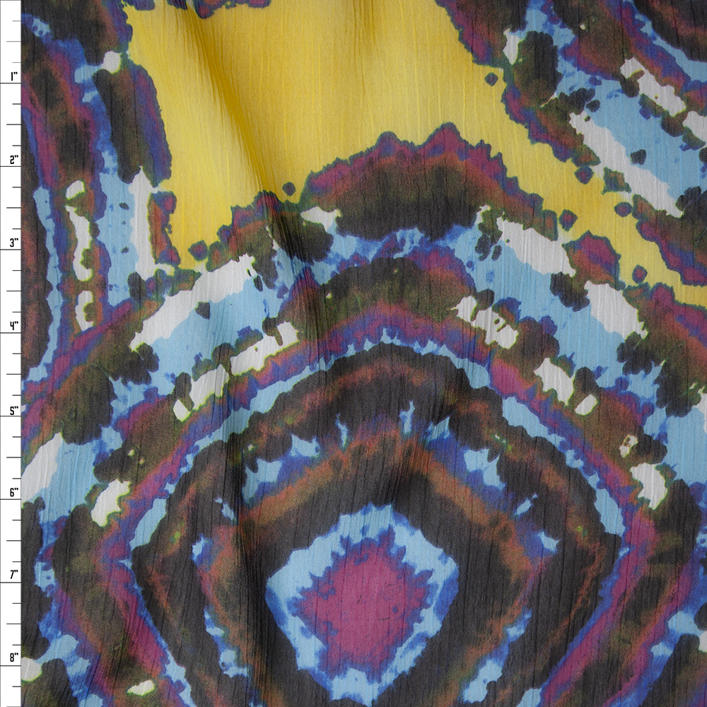 Blue, Purple, and Brown Medallions on Bright Yellow Crinkle Chiffon Print Fabric By The Yard
