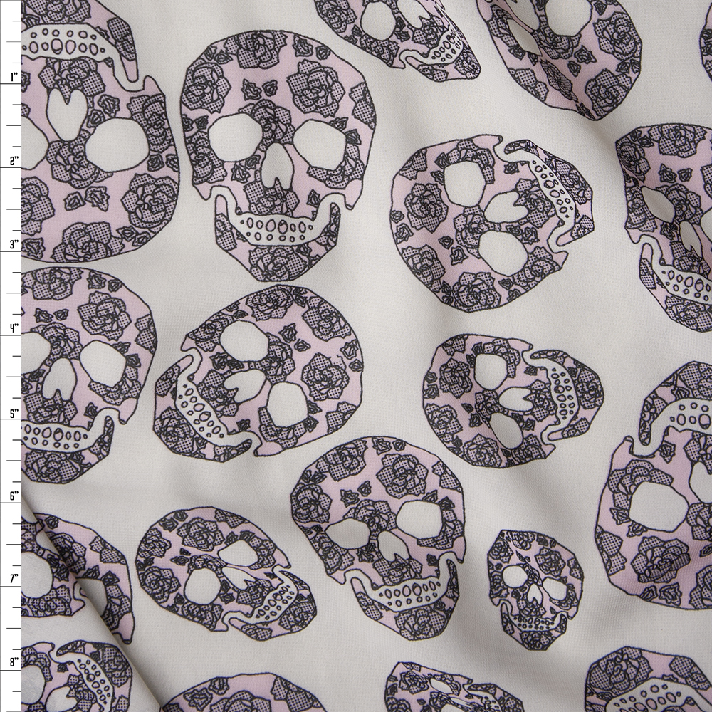 Blush Flowery Skulls on Offwhite Chiffon Print Fabric By The Yard