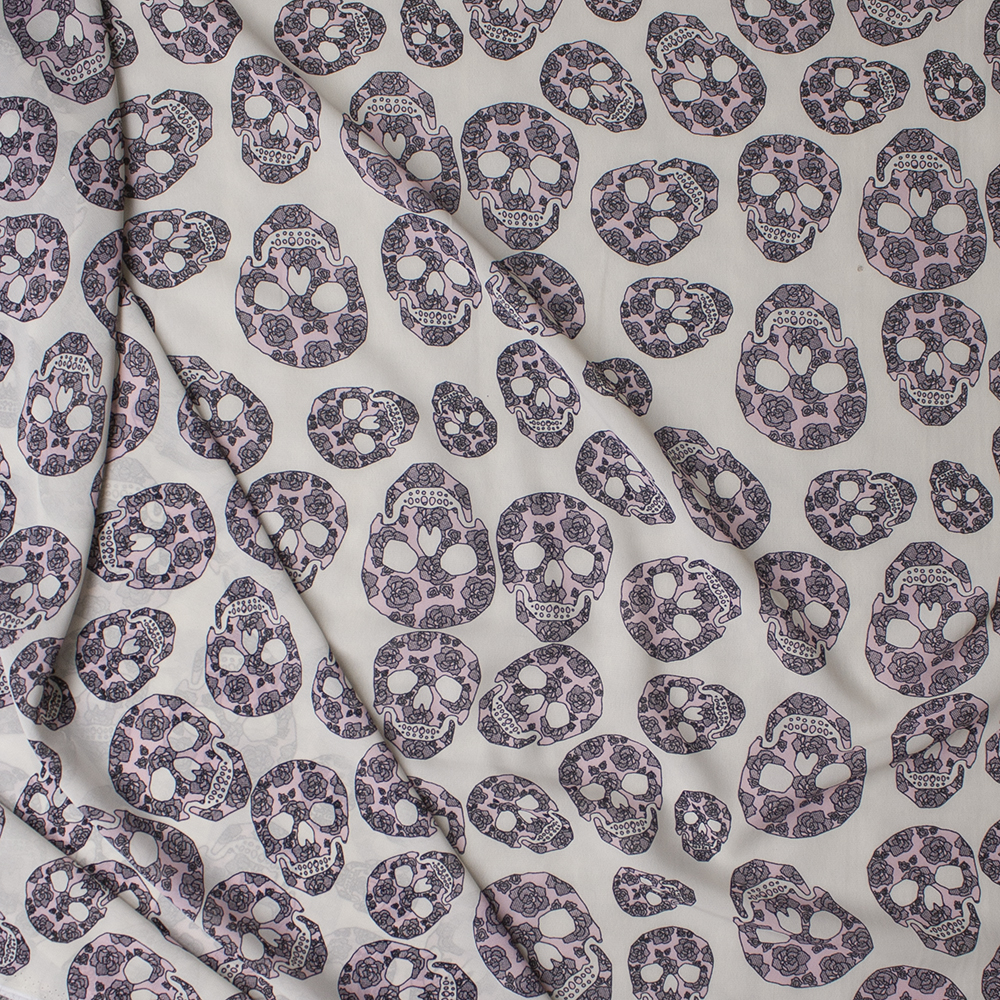 Blush Flowery Skulls on Offwhite Chiffon Print Fabric By The Yard - Wide shot