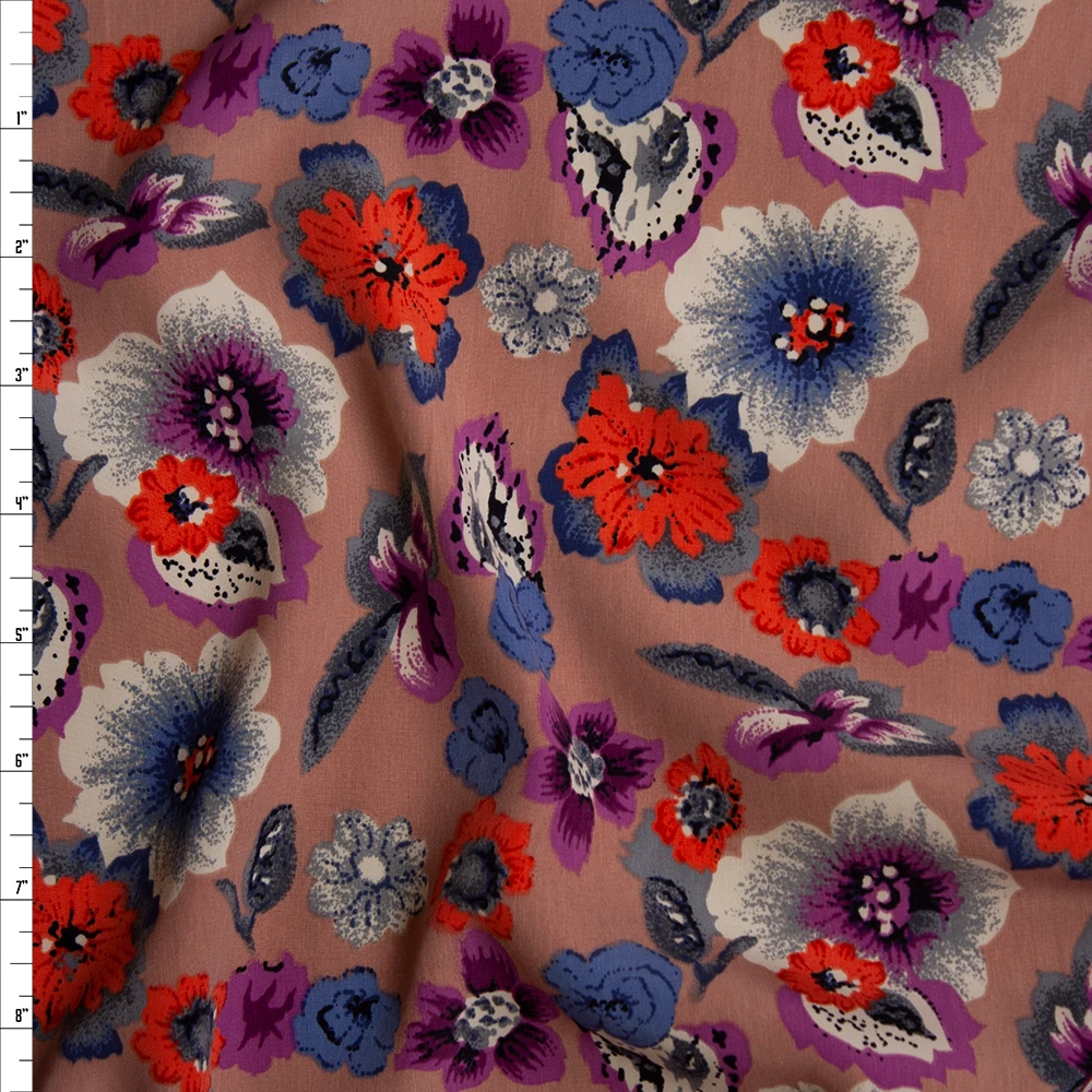Dusty Blue, Purple, and Coral Flowers on Dusty Mauve Poly Peachskin Fabric By The Yard