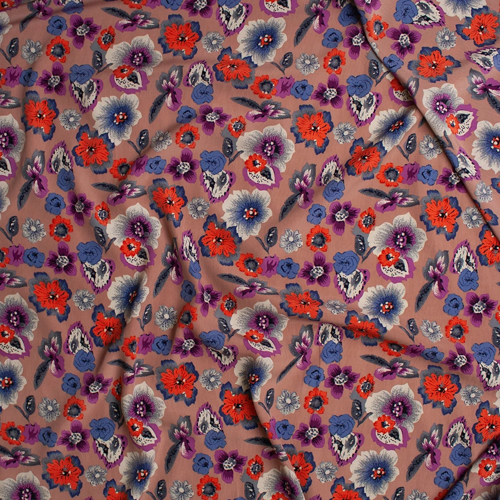 Dusty Blue, Purple, and Coral Flowers on Dusty Mauve Poly Peachskin Fabric By The Yard - Wide shot