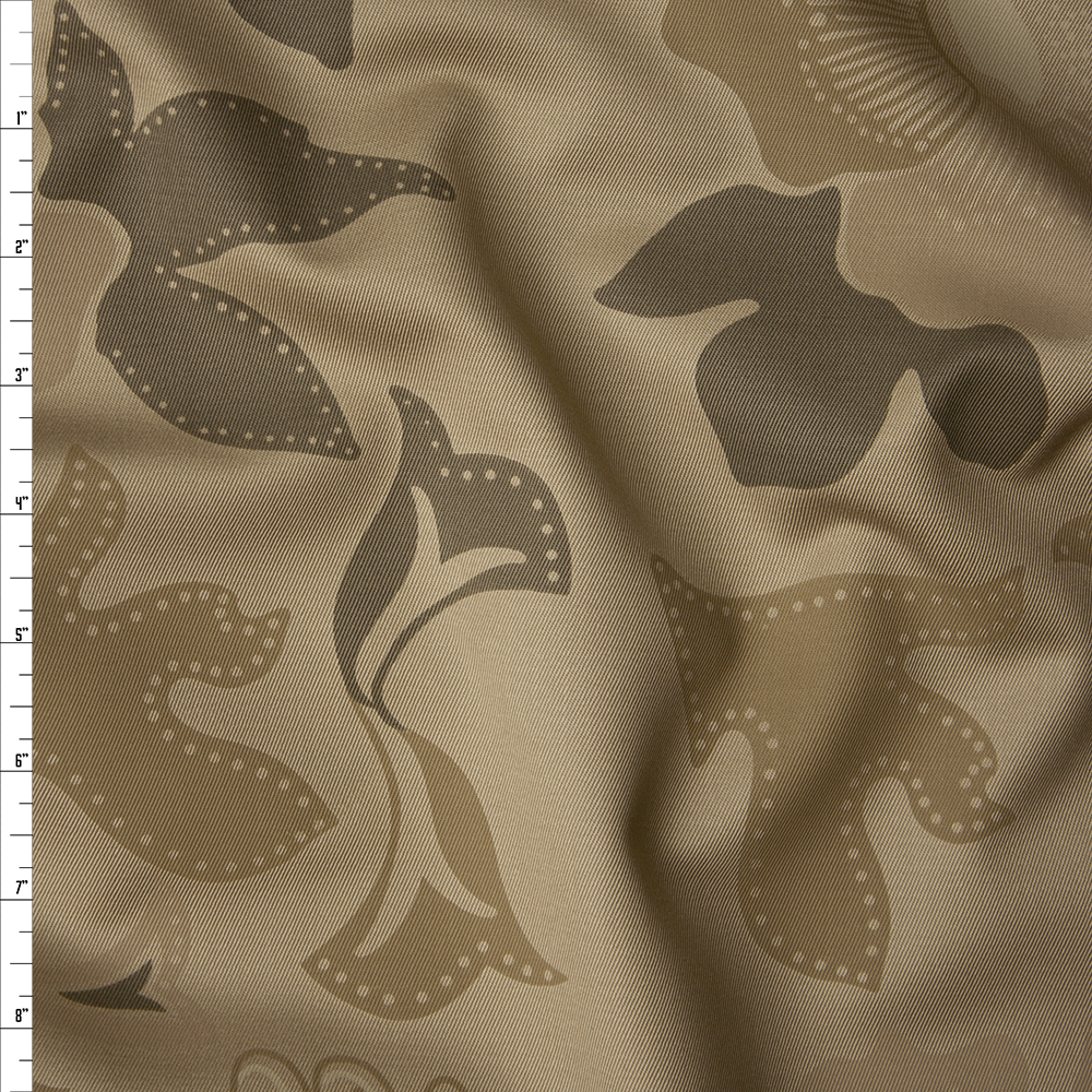 Taupe and Tan Camo Floral Cotton Twill Fabric By The Yard