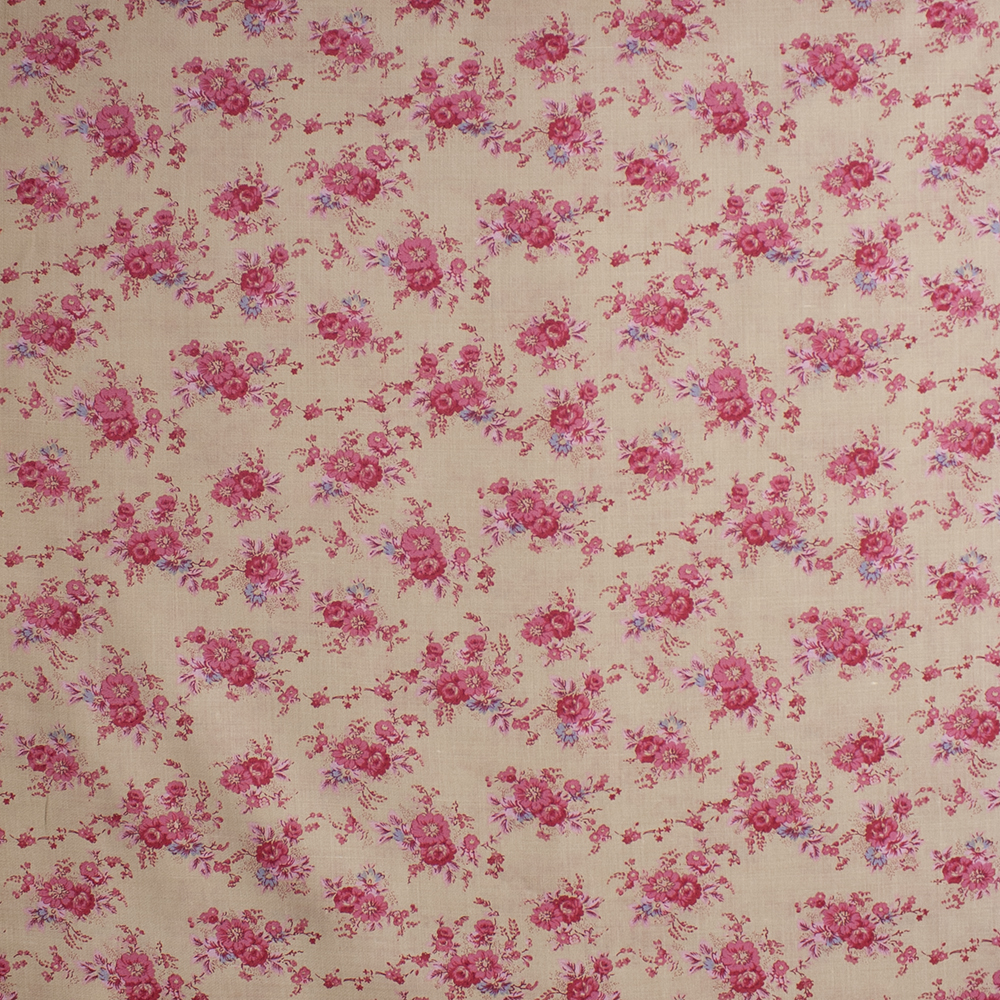 Hot Pink Antique Floral on Tan Light Midweight Linen Fabric By The Yard - Wide shot