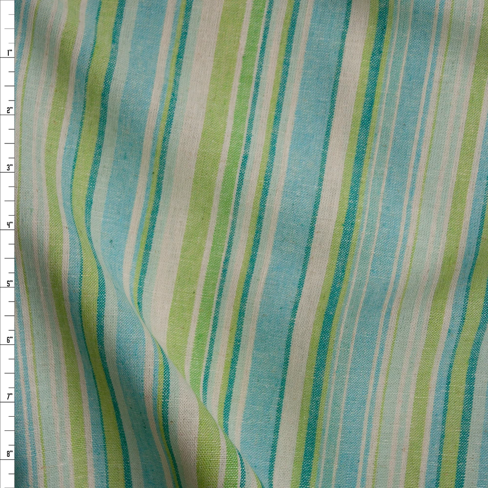 Lime, Aqua, Ivory, and Teal Barcode Stripe Soft Midweight Linen Fabric By The Yard