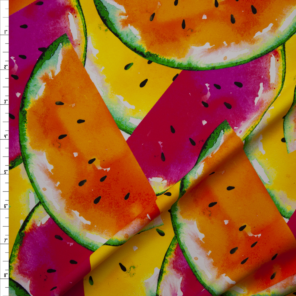 Orange, Pink, and Yellow Tossed Watermelons Premium 5.8oz Nylon/Spandex Fabric By The Yard