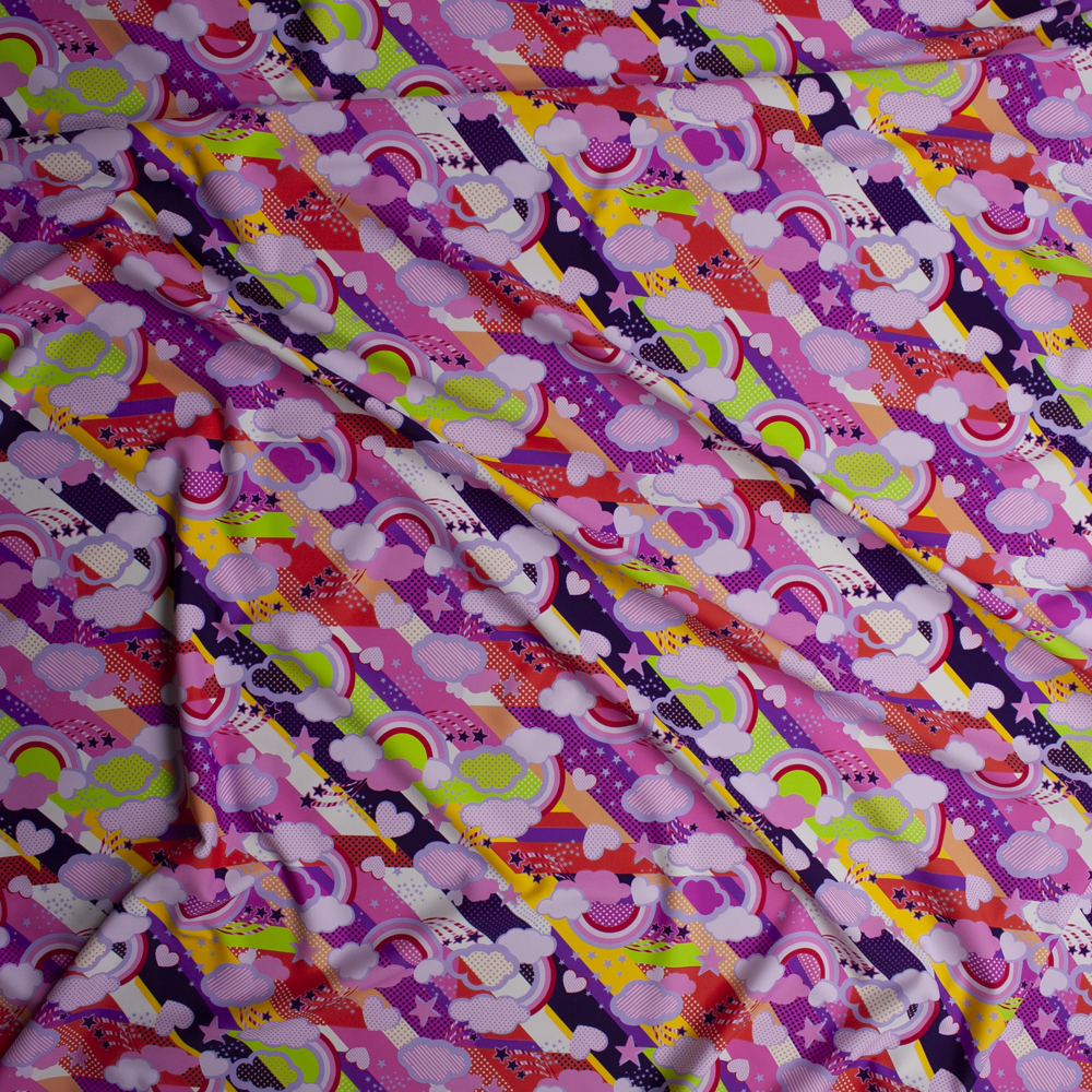 Pink, Orange, Purple, Yellow, and Green Pop Art Stars, Rainbows, and Clouds Premium 5.8oz Nylon/Spandex Fabric By The Yard - Wide shot