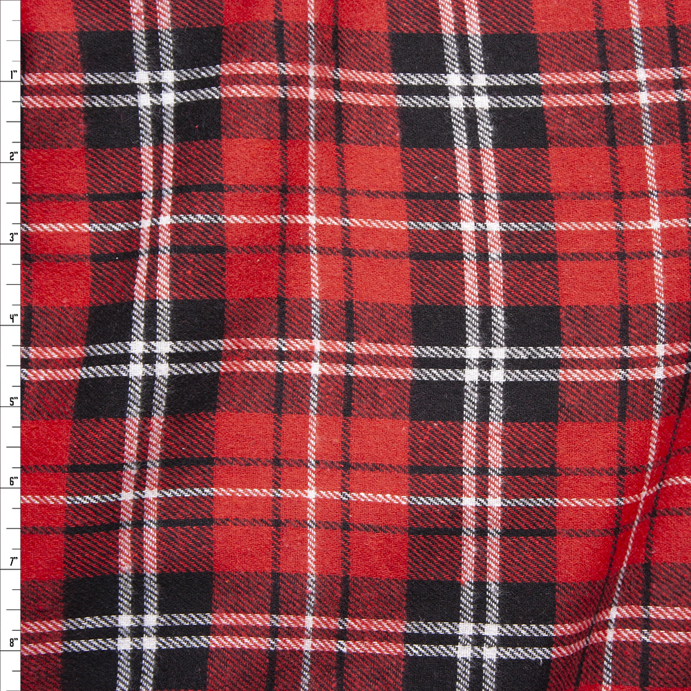 Red, Black, and White Plaid Midweight Flannel Fabric By The Yard
