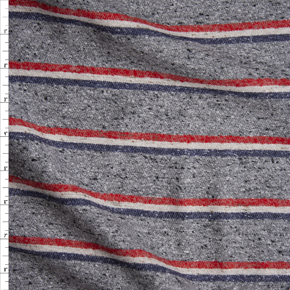 Grey Heather with Red, White, and Blue Horizontal Stripes Slubbed Midweight Flannel from ‘Brooks Brothers’ Fabric By The Yard