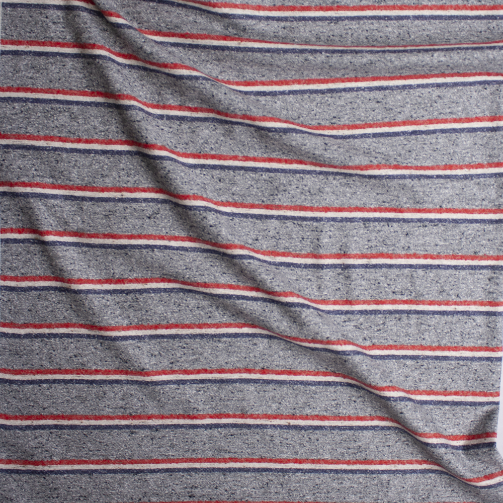 Grey Heather with Red, White, and Blue Horizontal Stripes Slubbed Midweight Flannel from ‘Brooks Brothers’ Fabric By The Yard - Wide shot