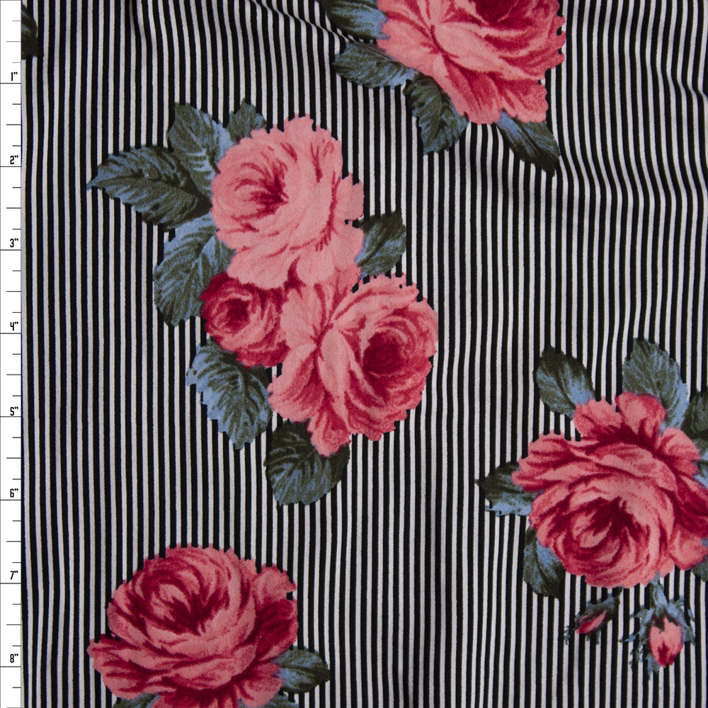 Pink and Green Roses on Narrow Black and White Stripe Double Brushed Poly/Spandex Knit Fabric By The Yard