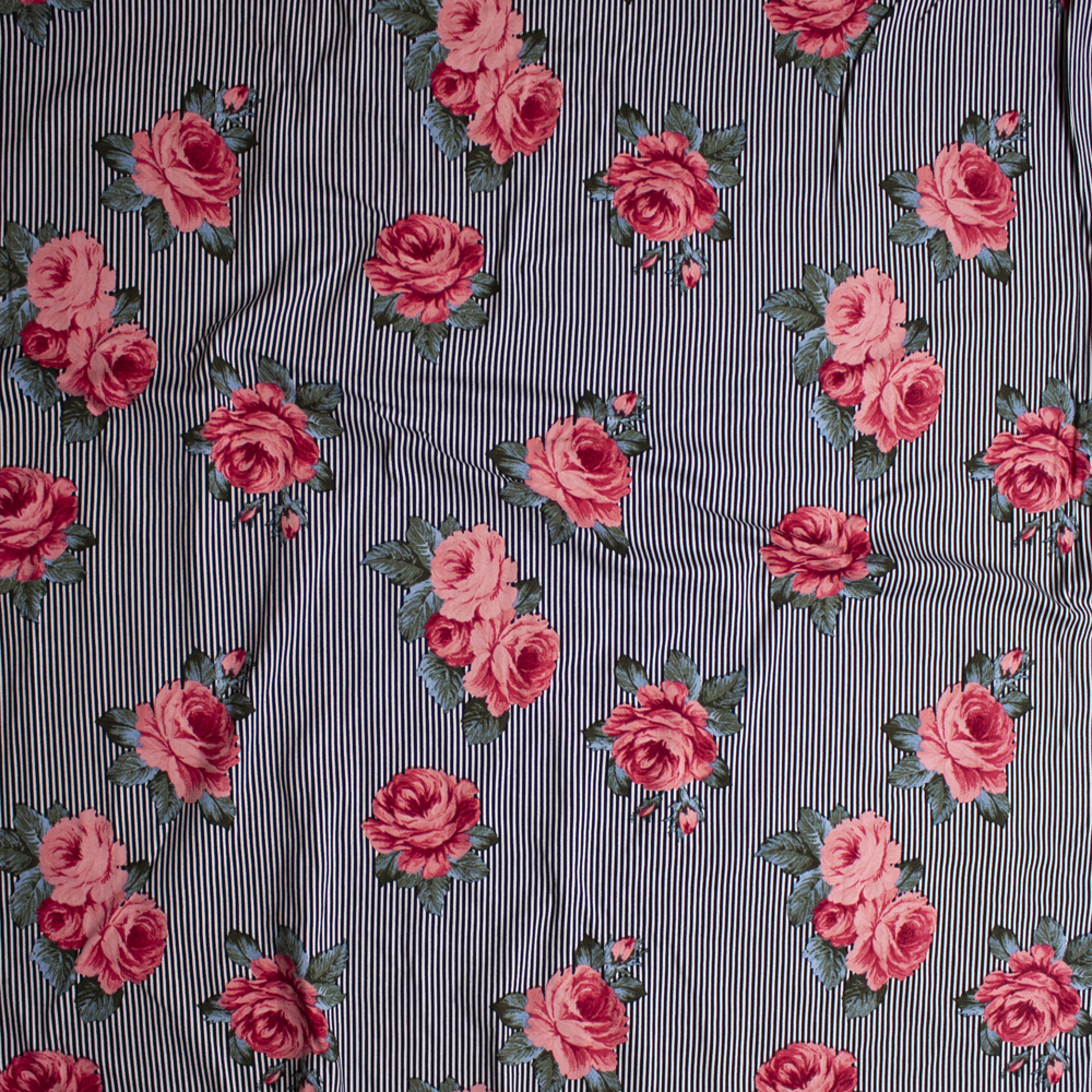 Pink and Green Roses on Narrow Black and White Stripe Double Brushed Poly/Spandex Knit Fabric By The Yard - Wide shot