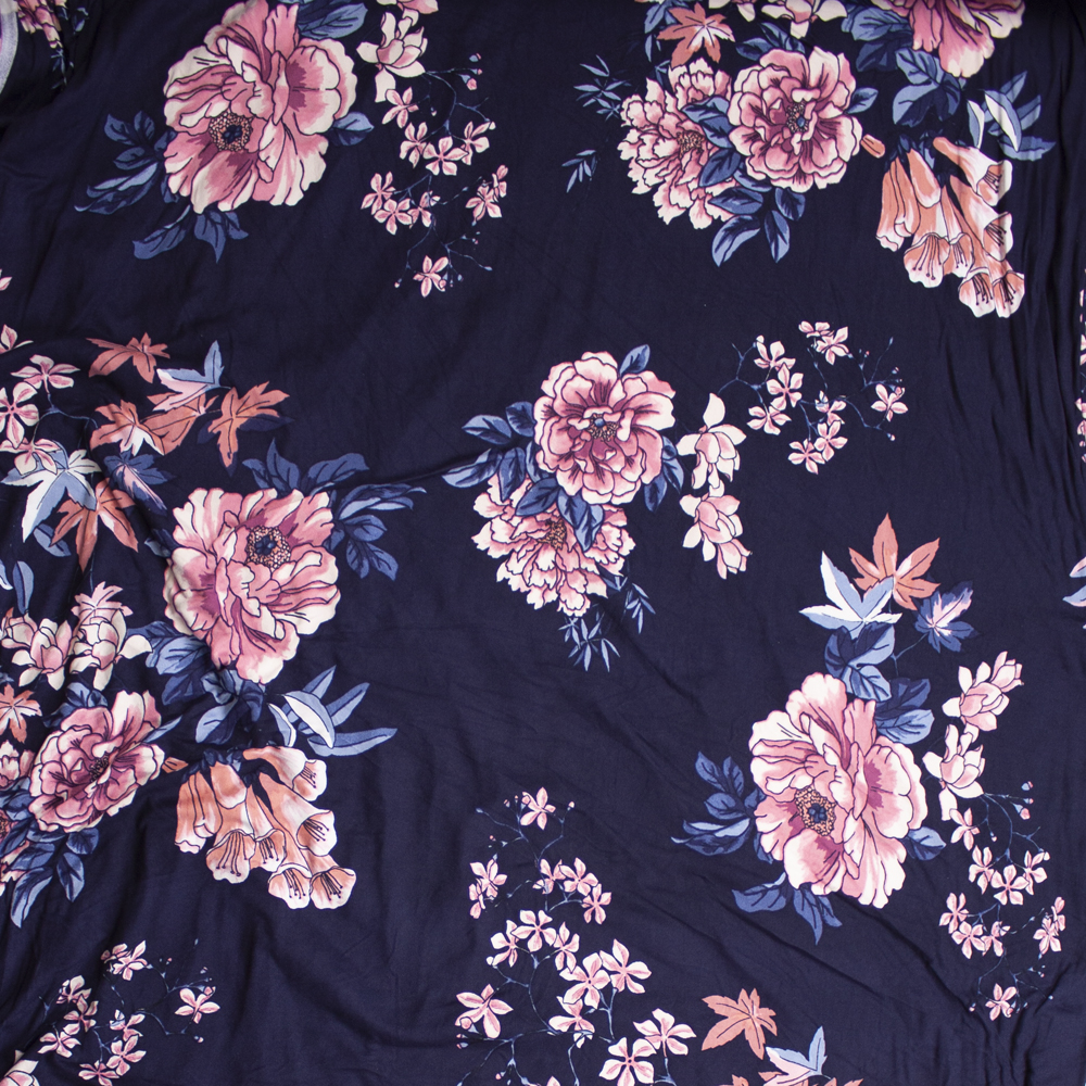 Pink and Teal Comicbook Floral on Dark Violet Double Brushed Poly/Spandex Knit Fabric By The Yard - Wide shot