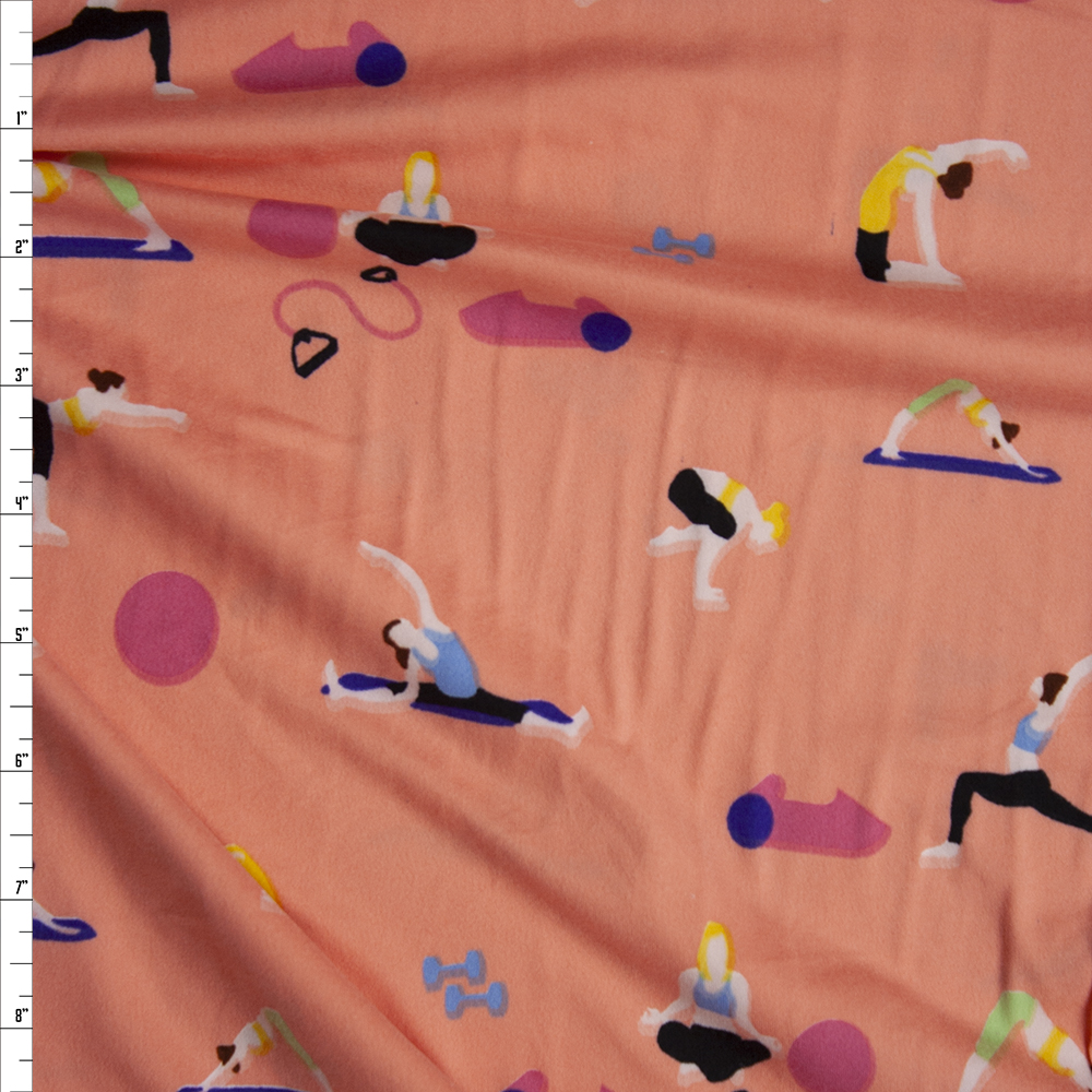 Workout Poses on Peach Double Brushed Poly/Spandex Knit Fabric By The Yard