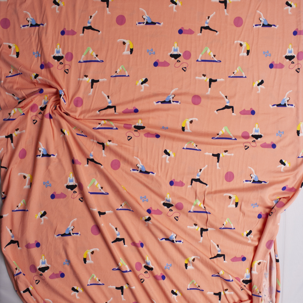 Workout Poses on Peach Double Brushed Poly/Spandex Knit Fabric By The Yard - Wide shot
