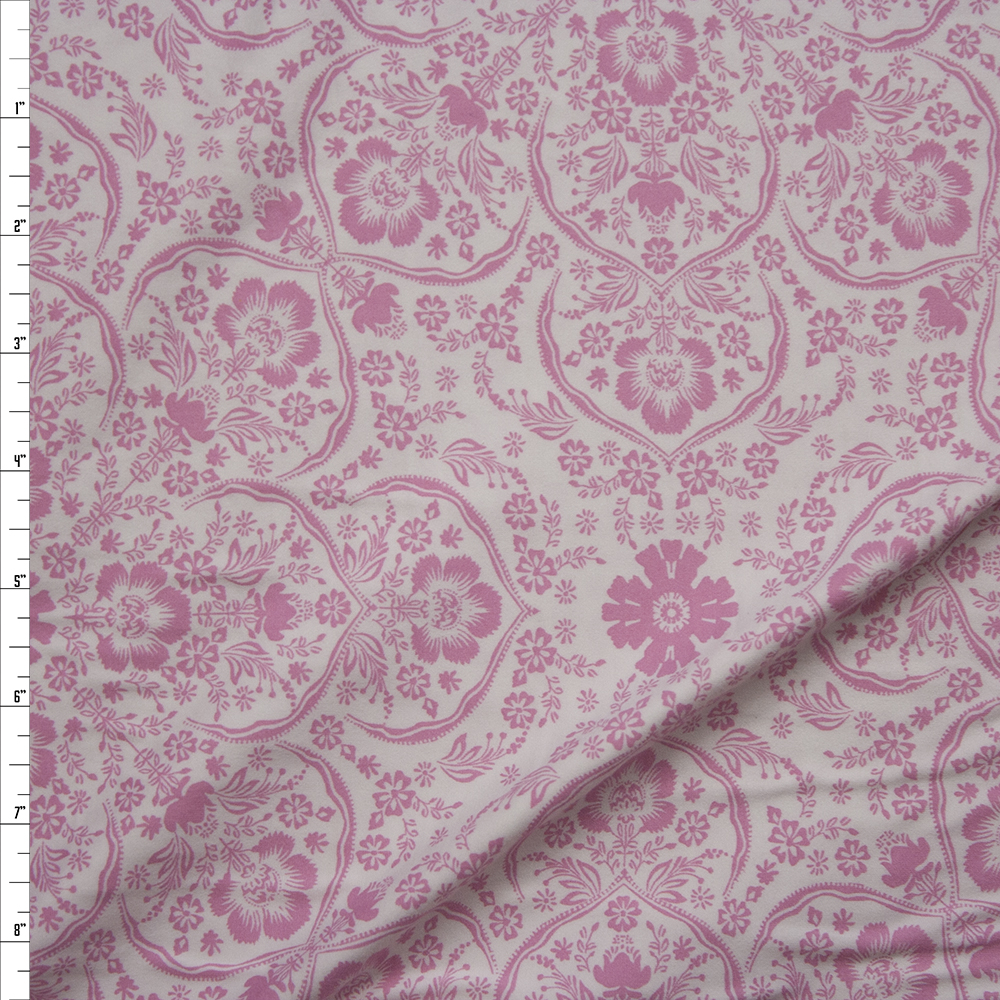 Pink Retro Ornate Floral on White Double Brushed Poly/Spandex Knit Fabric By The Yard