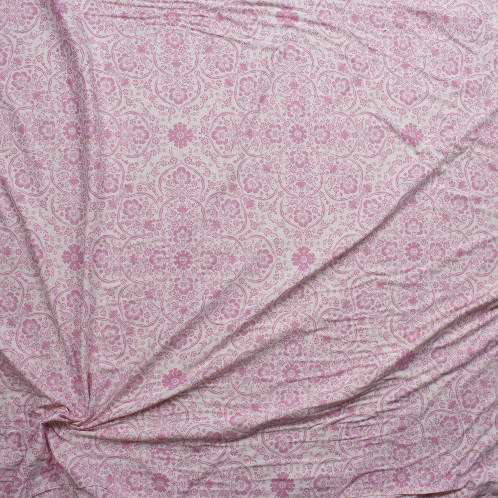 Pink Retro Ornate Floral on White Double Brushed Poly/Spandex Knit Fabric By The Yard - Wide shot