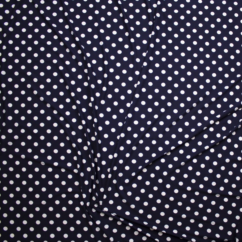 White on Navy 1/2” Polka Dot Double Brushed Poly/Spandex Knit Fabric By The Yard - Wide shot