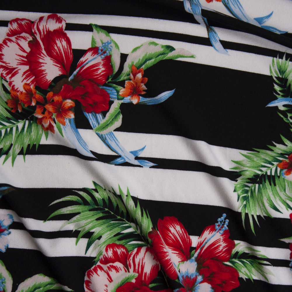 Hawaiian Floral on Horizontal Black and White Stripe Double Brushed Poly/Spandex Knit Fabric By The Yard - Wide shot