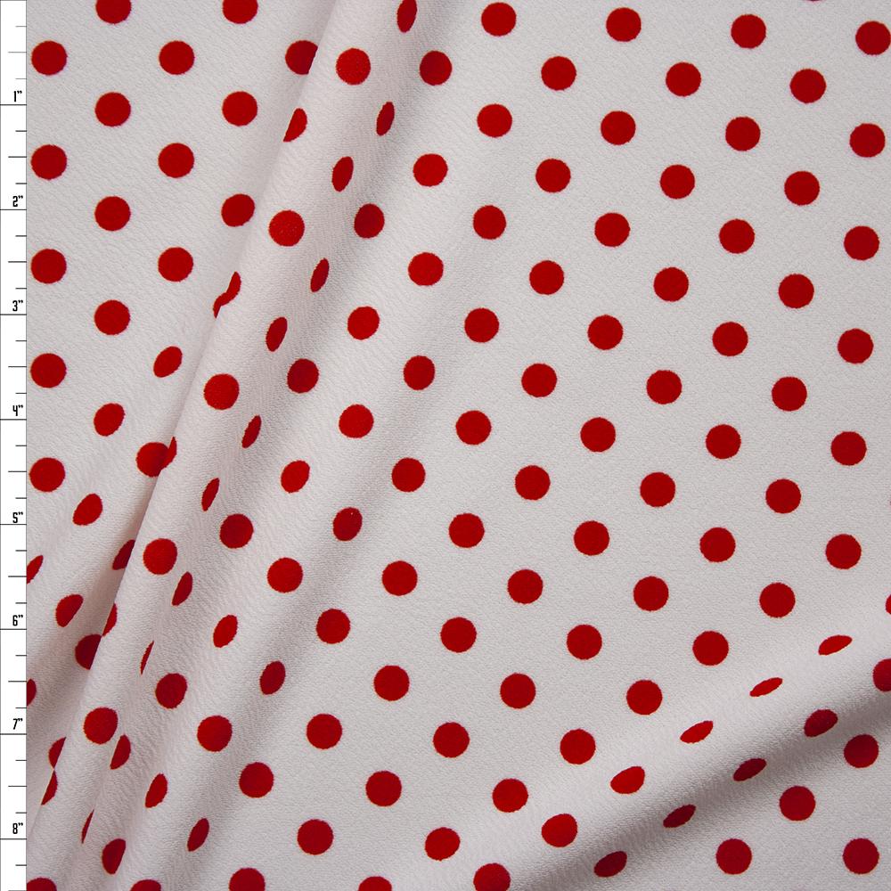 Red on White Polka Dot Crepe-Like Liverpool Knit Fabric By The Yard