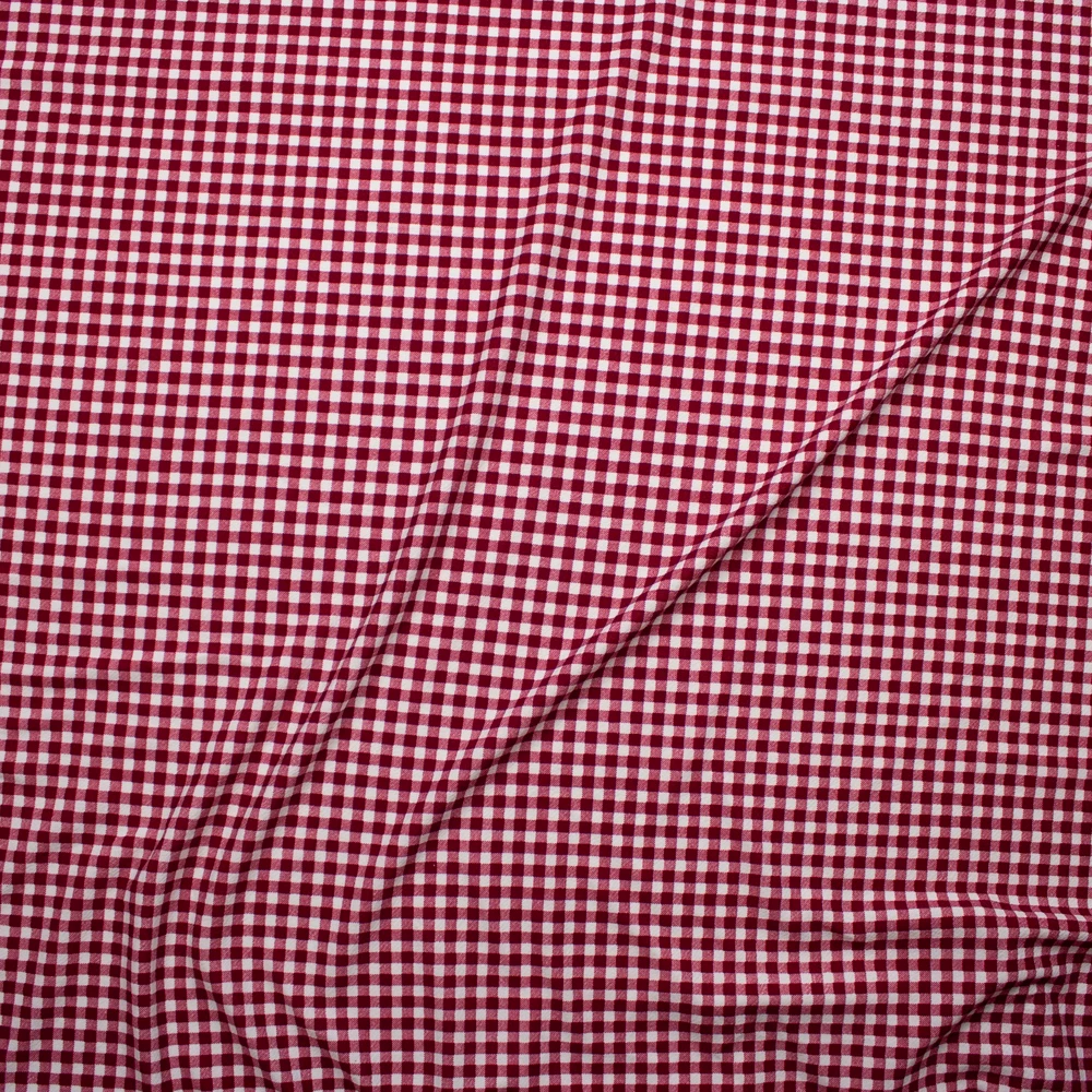 Burgundy and White Gingham Plaid Crepe-Like Liverpool Knit Fabric By The Yard - Wide shot
