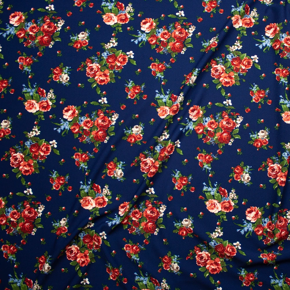 Rose Cluster Floral on Navy Blue Crepe-Like Liverpool Knit Fabric By The Yard - Wide shot