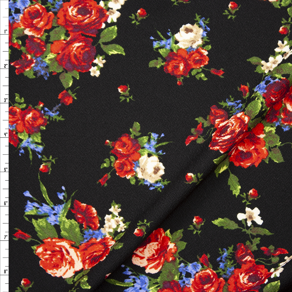 Rose Cluster Floral on Black Crepe-Like Liverpool Knit Fabric By The Yard