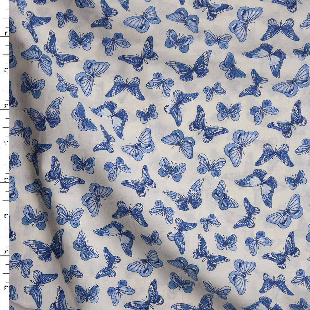 Blue Butterflies on Offwhite ‘London Calling’ Cotton Lawn from ‘Robert Kaufman’ Fabric By The Yard