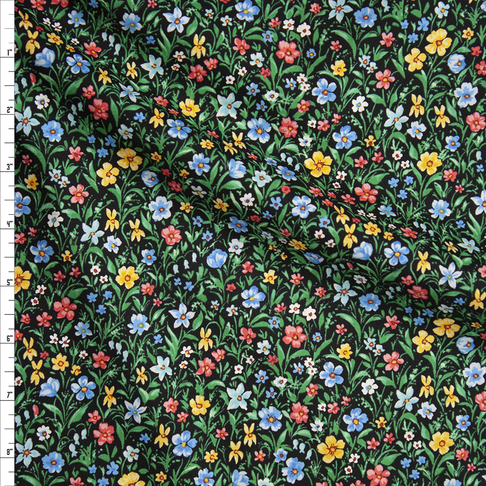 Red, Yellow, Blue, and Green Spring Floral on Black ‘London Calling’ Cotton Lawn from ‘Robert Kaufman’ Fabric By The Yard