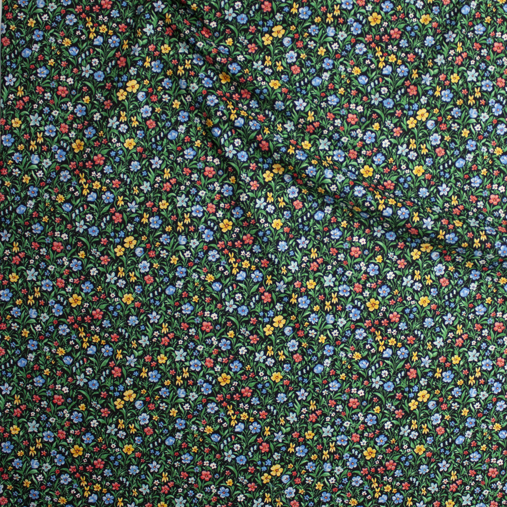 Red, Yellow, Blue, and Green Spring Floral on Black ‘London Calling’ Cotton Lawn from ‘Robert Kaufman’ Fabric By The Yard - Wide shot