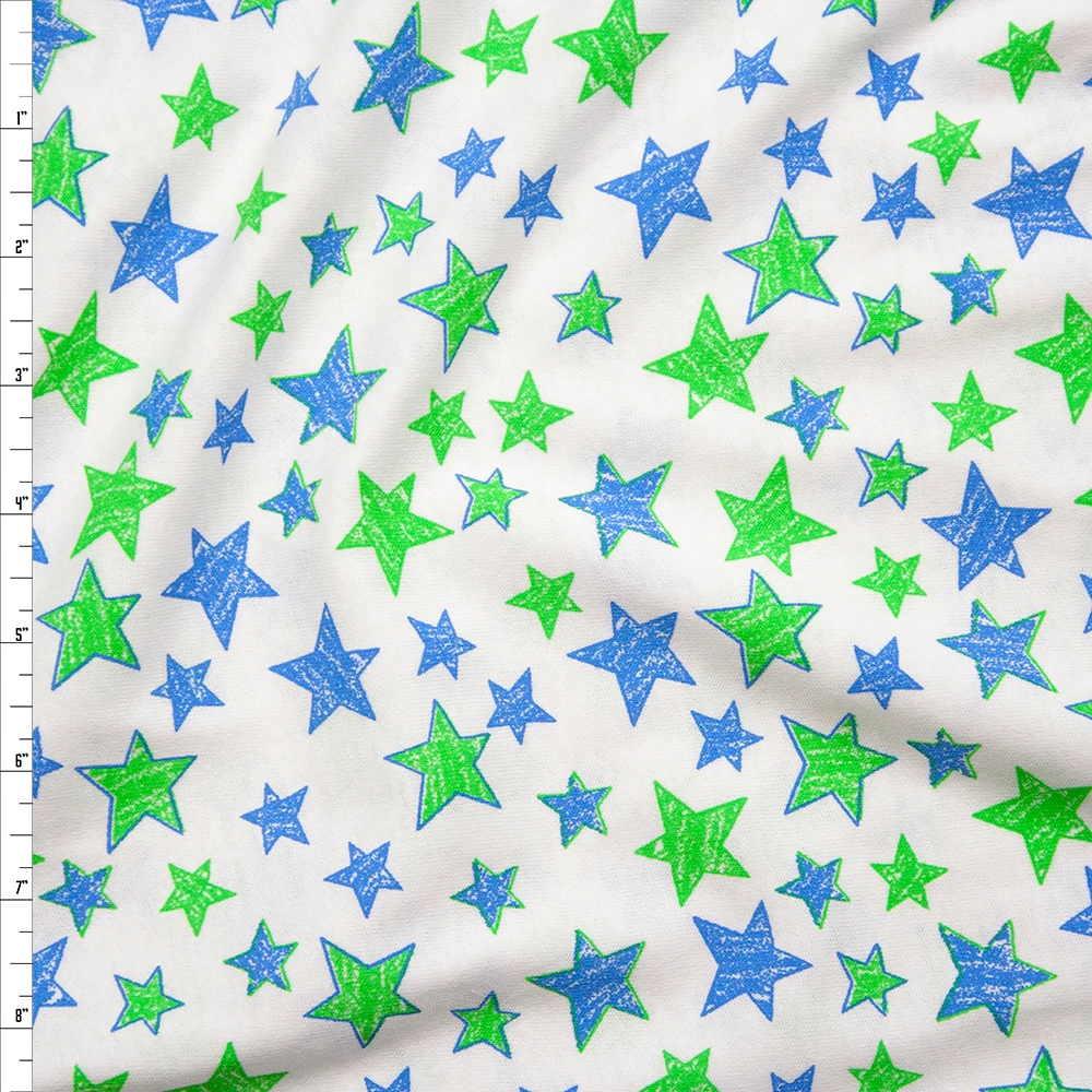 Blue and Lime Hand Drawn Stars on White Cotton Jersey Knit Fabric By The Yard