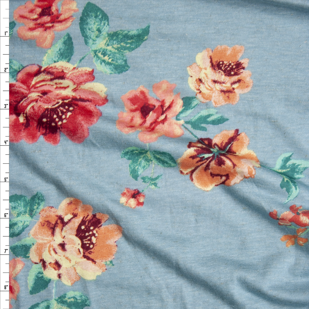 Pink and Peach Floral on Aqua Stretch Rayon Jersey Knit Fabric By The Yard