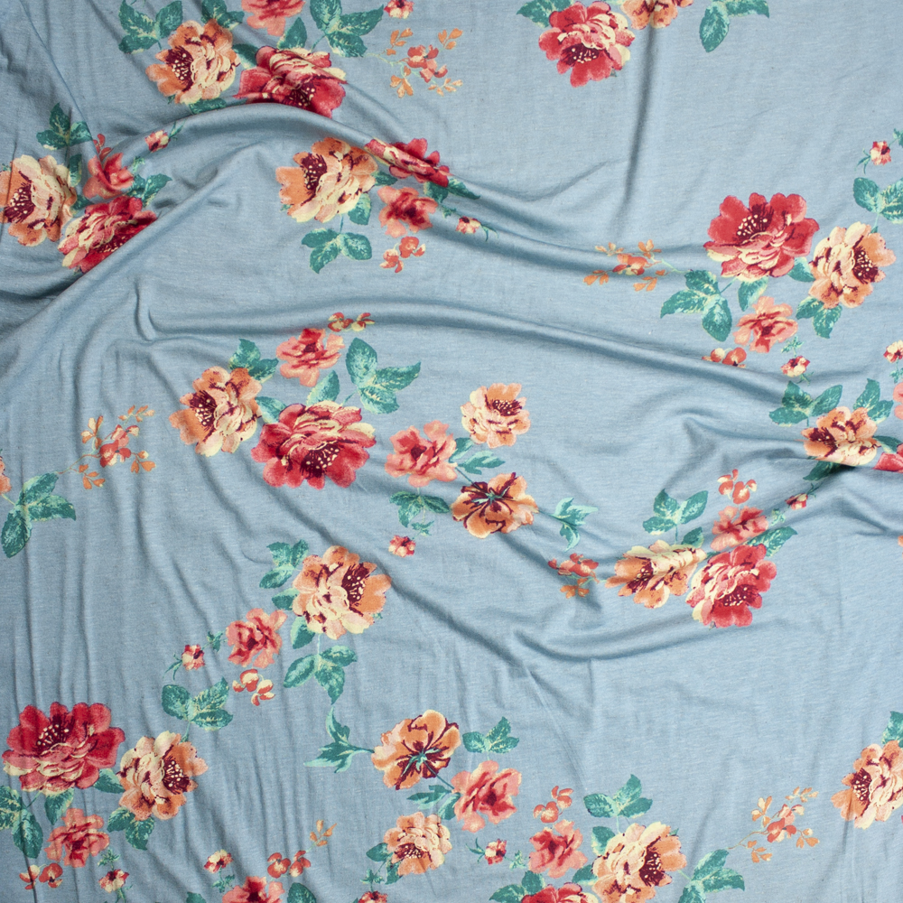 Pink and Peach Floral on Aqua Stretch Rayon Jersey Knit Fabric By The Yard - Wide shot