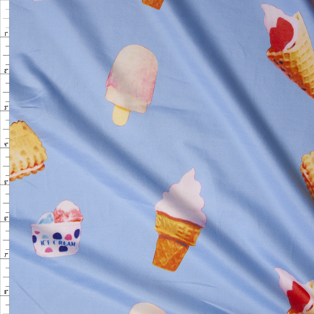 Ice Cream and Cookies on Light Blue Brushed Poly Spandex Knit Fabric By The Yard