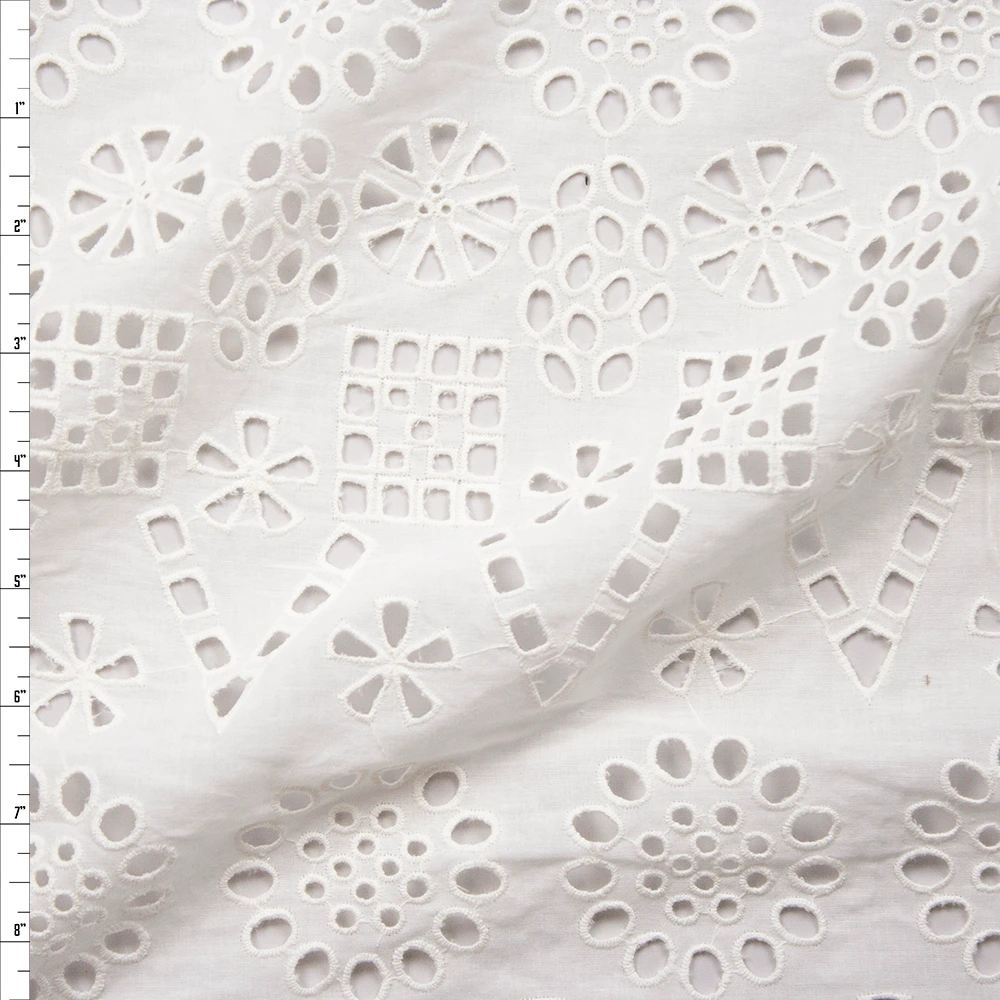 Offwhite Flowers, Circles, and Squares Cotton Eyelet Fabric By The Yard