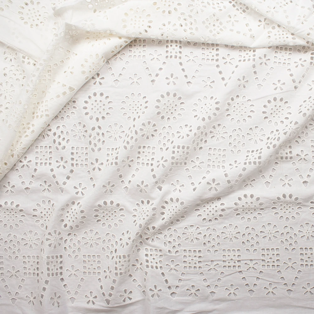Offwhite Flowers, Circles, and Squares Cotton Eyelet Fabric By The Yard - Wide shot