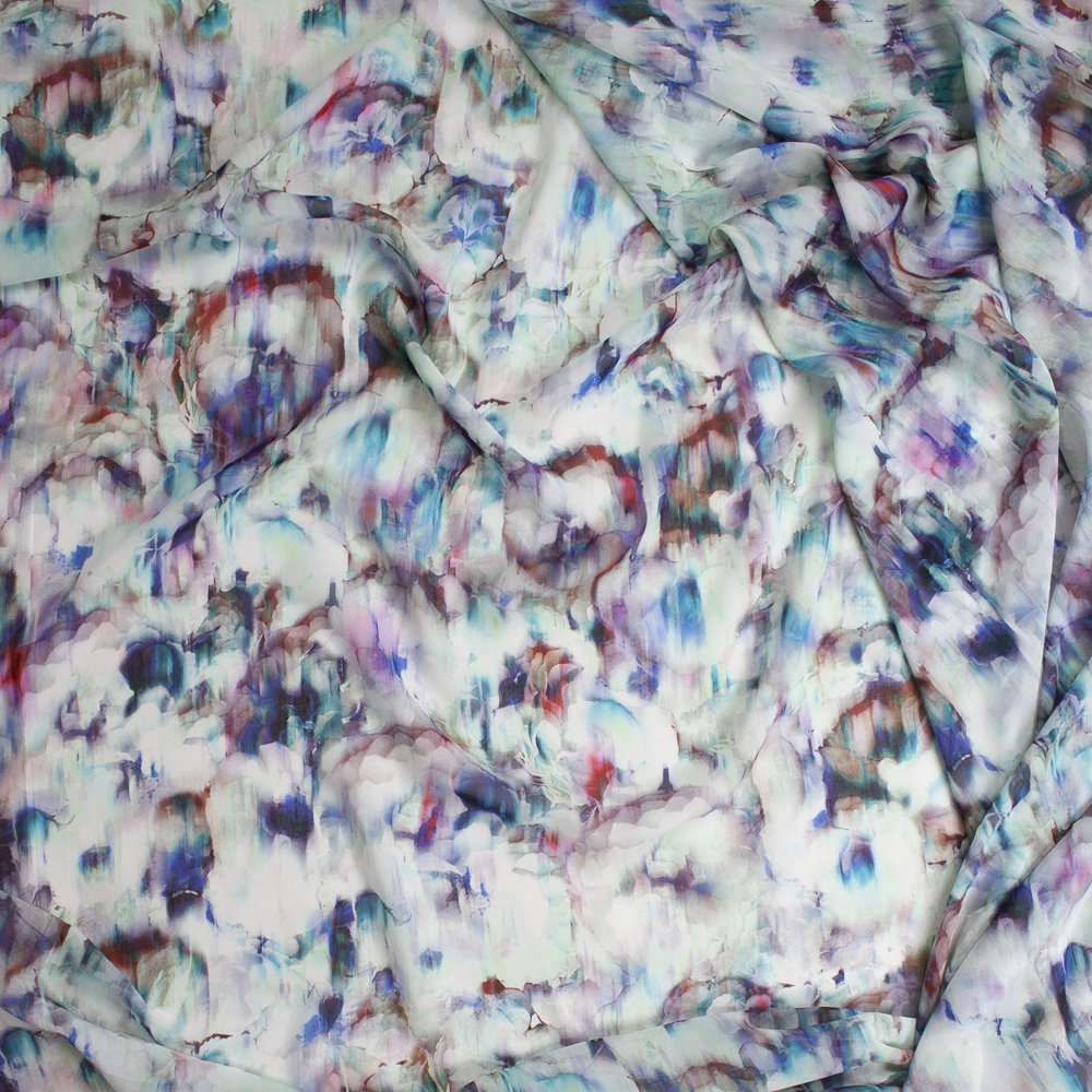 Teal, Purple, and White Floral Abstract Chiffon Fabric By The Yard - Wide shot