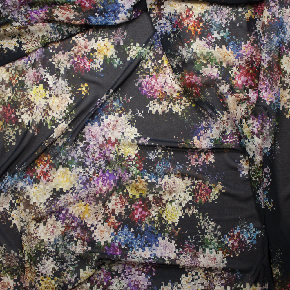 Colorful Pixelated Floral on Navy Chiffon Fabric By The Yard - Wide shot