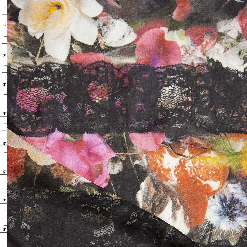 Black Lace on Spring Garden Floral Chiffon Fabric By The Yard