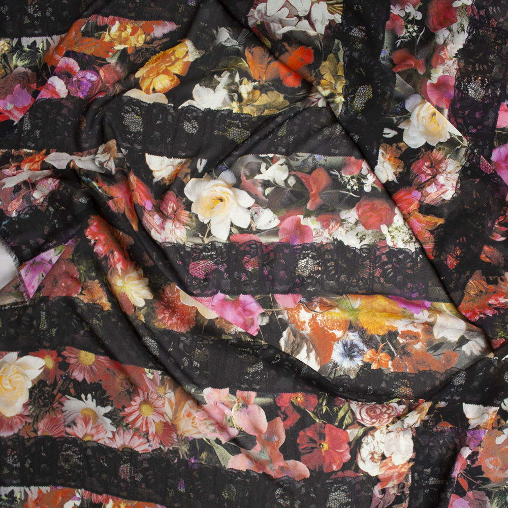 Black Lace on Spring Garden Floral Chiffon Fabric By The Yard - Wide shot