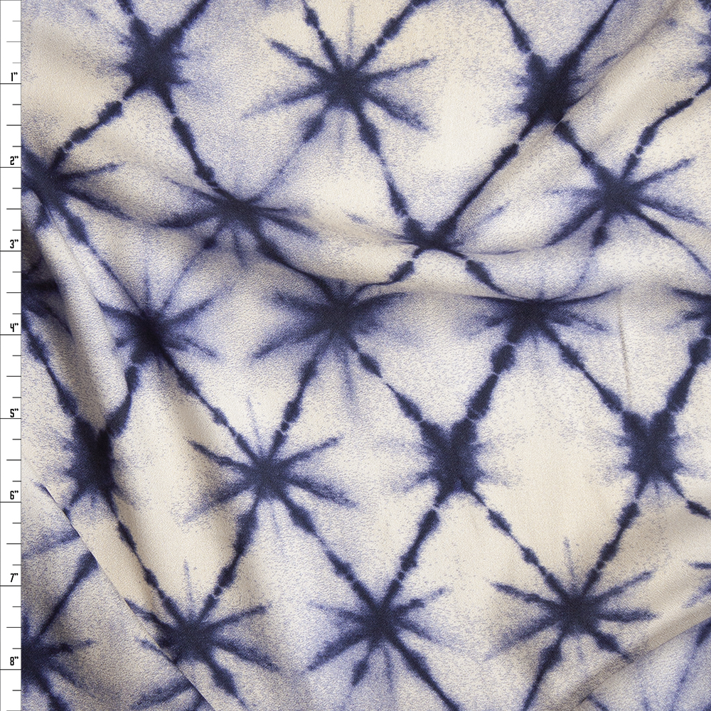 Navy and Ivory Diamond Pattern Tie Dye Rayon Crepe Fabric By The Yard