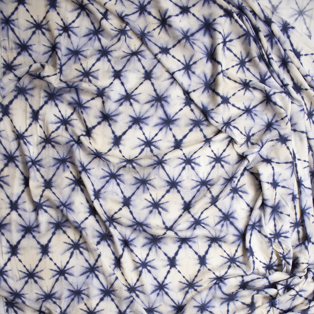 Navy and Ivory Diamond Pattern Tie Dye Rayon Crepe Fabric By The Yard - Wide shot