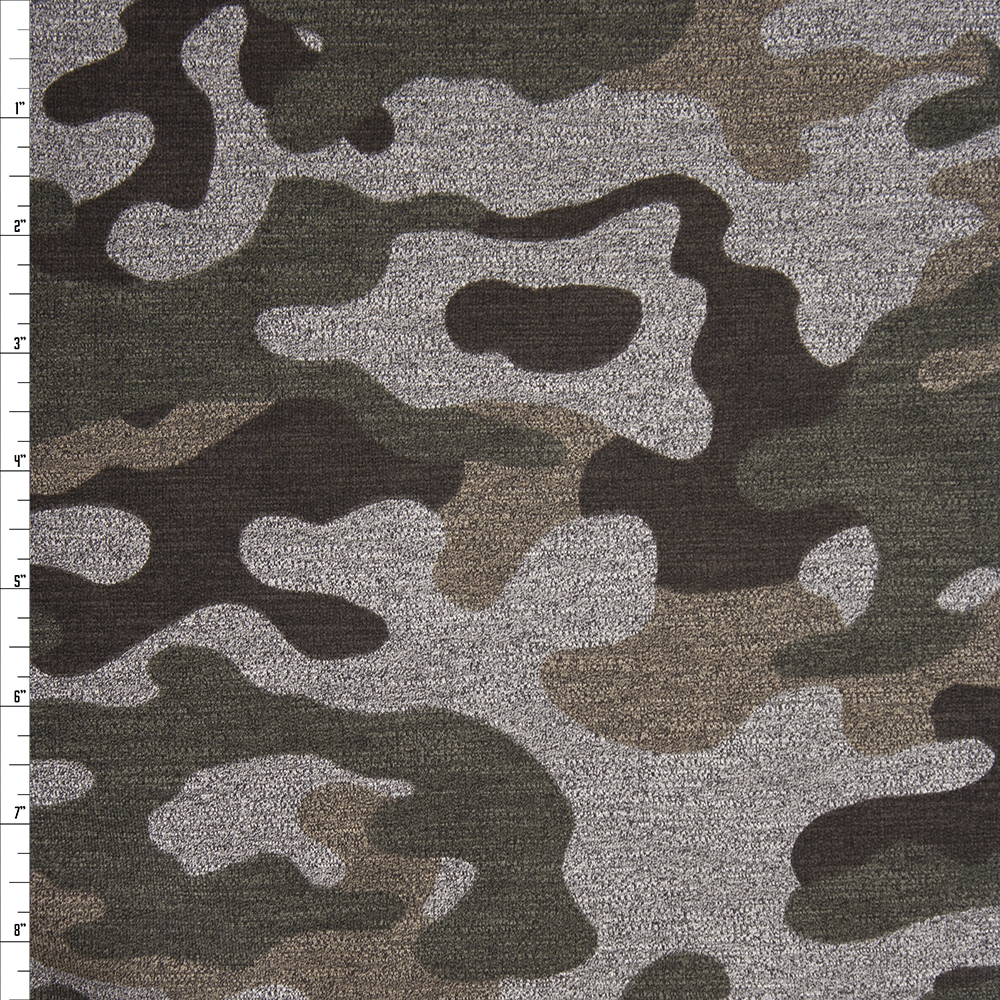 Olive, Tan, and Black Camouflage Print on Medium Heather Grey Stretch French Terry Fabric By The Yard