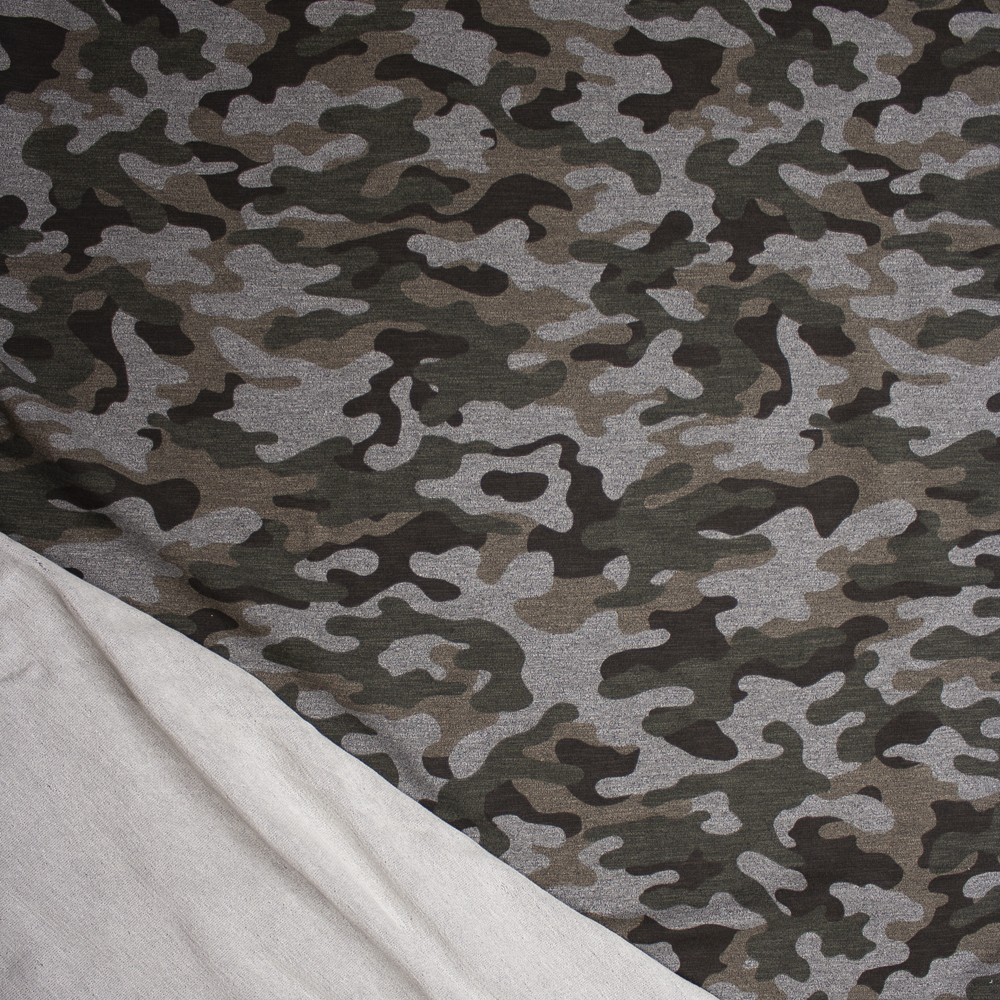 Olive, Tan, and Black Camouflage Print on Medium Heather Grey Stretch French Terry Fabric By The Yard - Wide shot