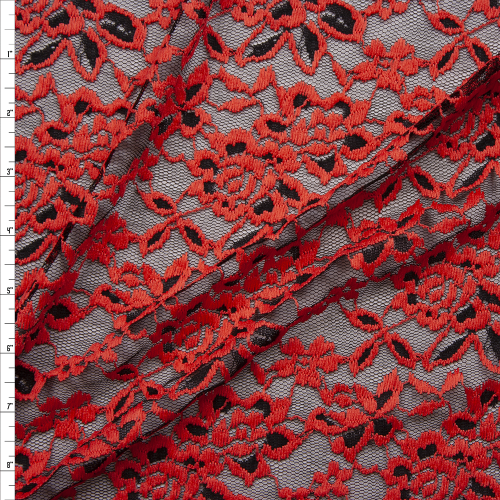 Red on Black Floral Lace Fabric By The Yard