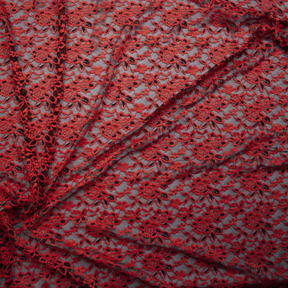 Red on Black Floral Lace Fabric By The Yard - Wide shot